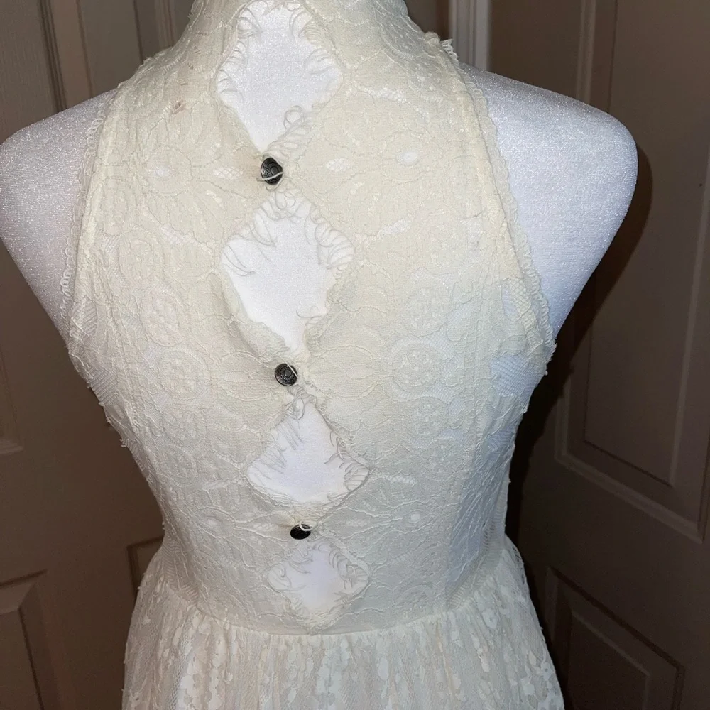 Free People lace mock neck keyhole back fitted flare dress.